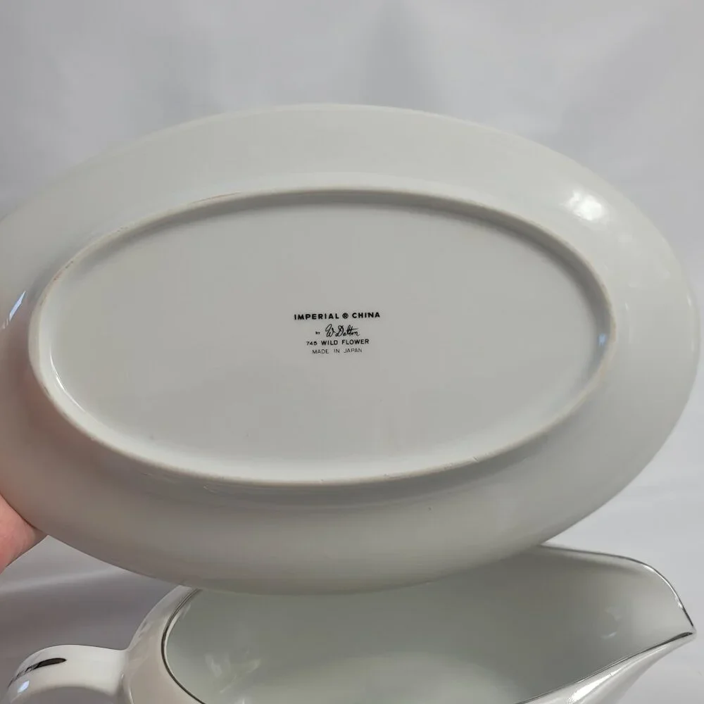 Imperial China Wild Flower Gravy Boat With Underplate Green Blue & White Flowers